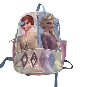 Disney Frozen Elsa Anna Backpack Girls Purple Blue Glitter School Bag 16" Pocket